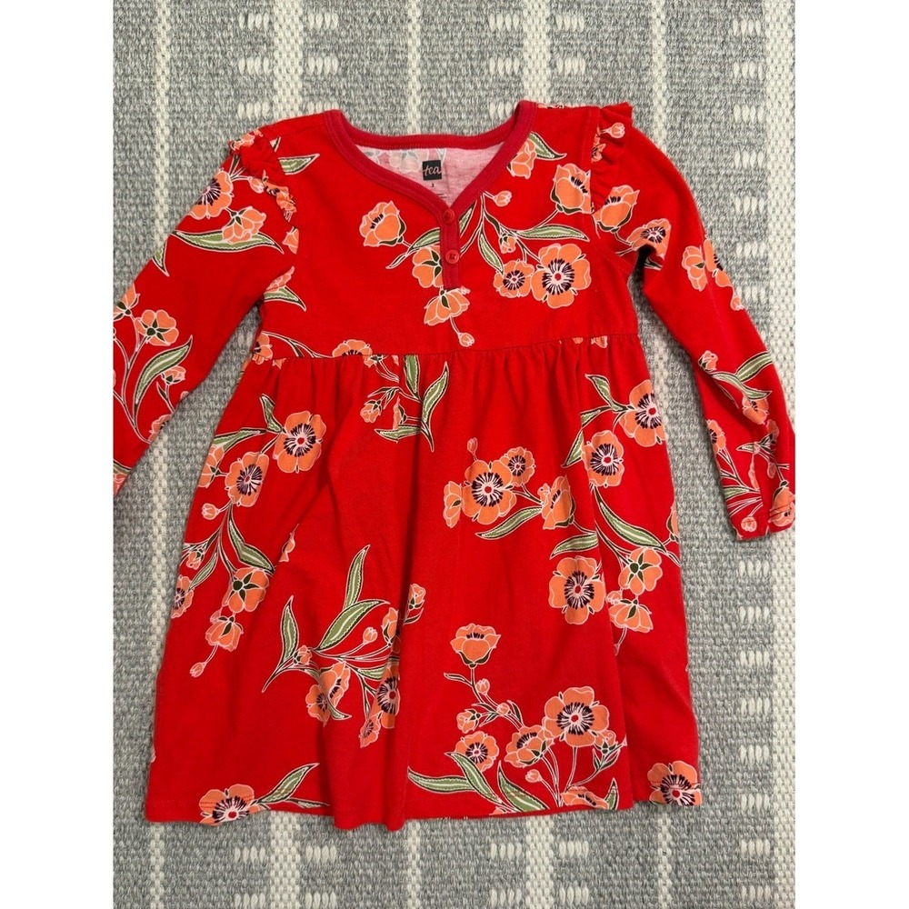 Tea Collection Red Floral Henley Long Sleeve Dress Size 3